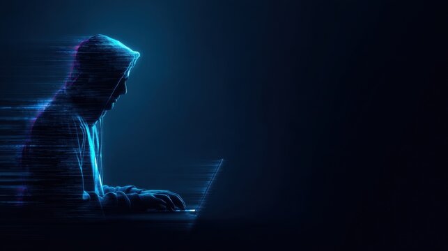 Hacker Silhouette in Hoodie Typing on Laptop as Neon Code Streams in Dark Space, Representing Data Theft and Cybercrime Activities