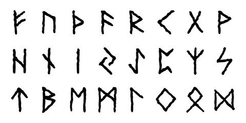 Set of hand drawn viking runes Ancient scandinavian futhark germanic celtic alphabet clipart in doodle style Single element for print, web, design, decor