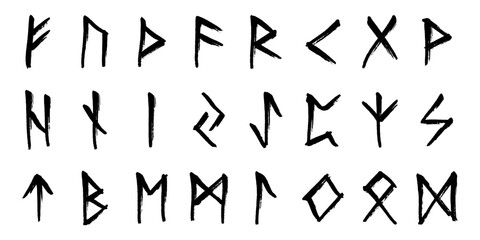 Set of hand drawn viking runes Ancient scandinavian futhark germanic celtic alphabet clipart in doodle style Single element for print, web, design, decor
