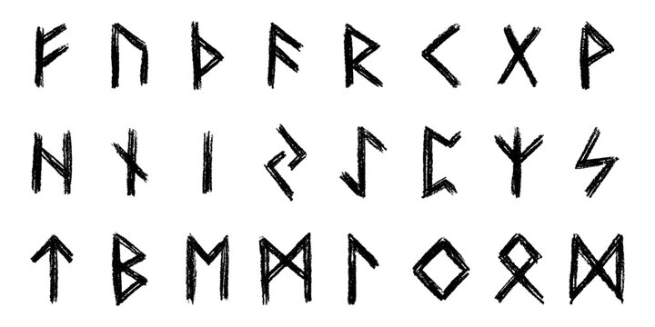 Set of hand drawn viking runes Ancient scandinavian futhark germanic celtic alphabet clipart in doodle style Single element for print, web, design, decor