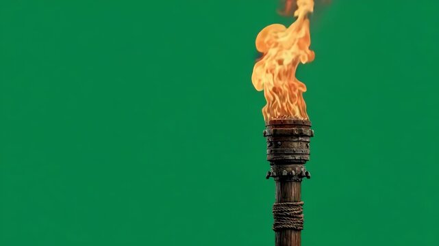 Burning wooden torch with metal details on a green screen background
