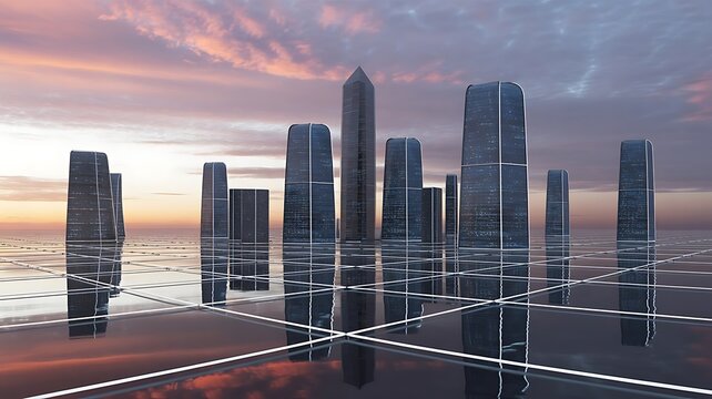 Futuristic Cityscape Gridded Surface Reflective Buildings Urban Skyline Dusk Sunset