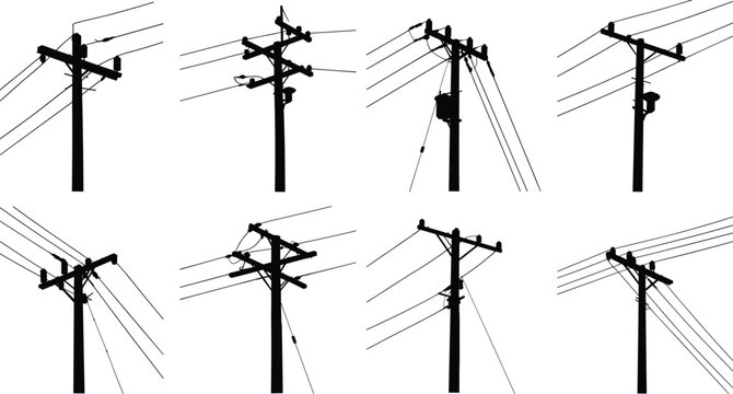 Set of utility pole silhouettes, electrical distribution infrastructure vector illustration, crossarm
