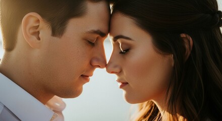 An intimate portrait capturing an authentic human connection between a loving couple forehead to forehead in a tender embrace