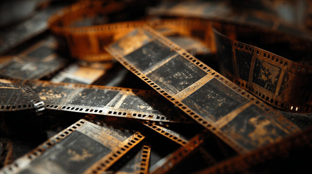Pile of old, damaged photographic film strips, symbolizing forgotten memories and history - Powered by Adobe