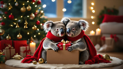 Koala lover at Christmas. Season greeting.