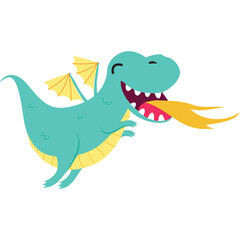 Joyful turquoise cartoon dragon with yellow wings breathing fire with eyes closed in delight on a transparent background