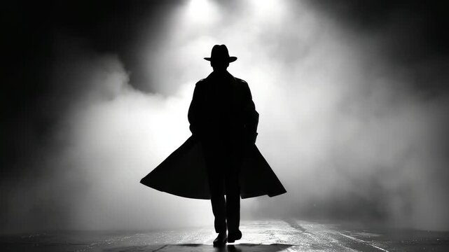 Silhouette of a detective in a trench coat and fedora walking into fog