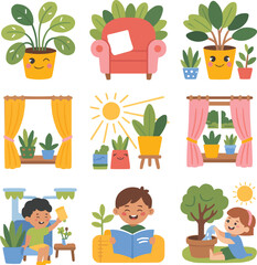 Biophilia & Comfort Icons  Flat Vector Mini-Illustrations for Kids