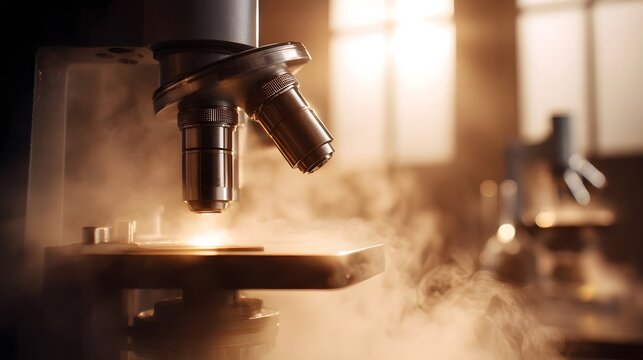 Microscope with swirling mist illuminated by warm light in a laboratory setting