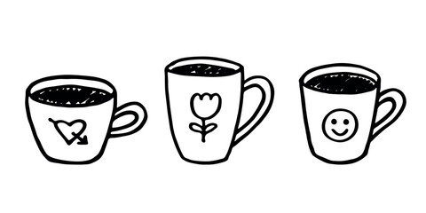 Set of cute hand drawn cup of tea or coffee Simple mug clipart Cozy home doodle Single element for design