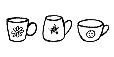 Set of cute hand drawn cup of tea or coffee Simple mug clipart Cozy home doodle Single element for design