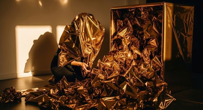 An anonymous figure sits amidst a cascade of crinkled gold foil flowing from a large box in a dimly lit room. - Powered by Adobe
