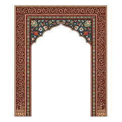 Ornate arched doorway with rich floral border on white background Keywords: arch, doorway isolated on a transparent background