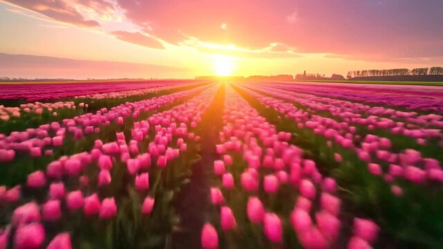 Stunning time-lapse of a field of blooming pink tulips during a beautiful sunset in the spring