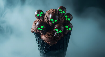 Creepy Halloween decoration featuring multiple skulls with glowing green eyes.