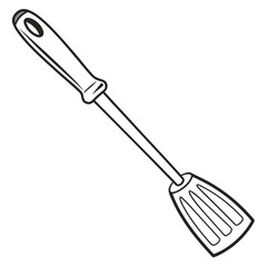A simple black and white line drawing illustration of a kitchen spatula with a slotted head and a comfortable handle with a hanging hole
