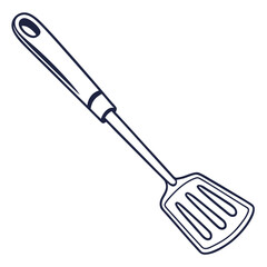 A simple clean line drawing illustration of a slotted spatula a kitchen utensil used for flipping and serving food isolated on a white background