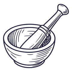A simple hand drawn sketch of a mortar and pestle a traditional kitchen tool used for grinding and crushing ingredients presented in a clean outline style