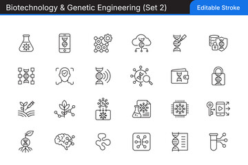 Editable Stroke Line Biotechnology & Genetic Engineering Monoline Icon Set 2