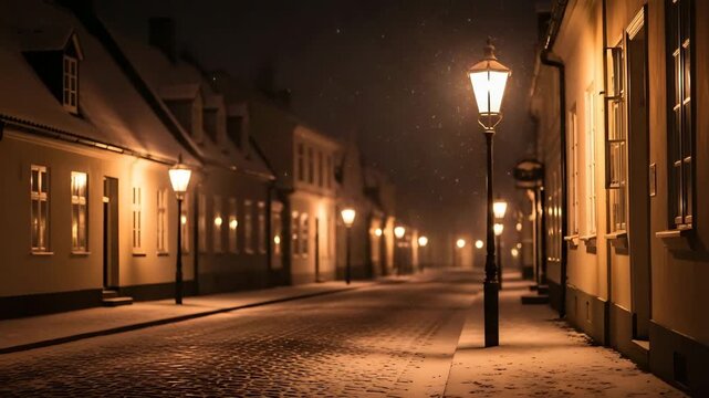 Serene winter night street scene illuminated by glowing street lamps and falling snow