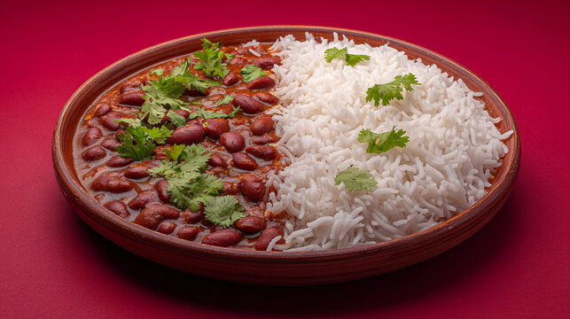 Delicious indian rajma chawal, a popular kidney bean curry served with basmati rice and cilantro