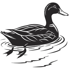A striking black and white silhouette of a mallard duck swimming gracefully on rippling water showcasing its detailed feathers and webbed feet