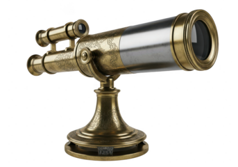 Vintage brass and silver telescope on a pillar isolated on transparent background. Antique telescope on ornate stand, search