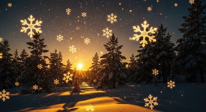 Winter scene with snow covered trees and snowflakes at sunset or sunrise - Powered by Adobe