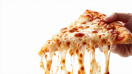 Hand holding a cheesy pizza slice with melted cheese stretching, isolated on white background