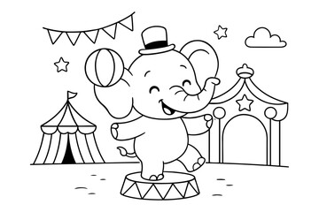Cute Cartoon Elephant Balancing Ball on Circus Stage with Tents and Flags