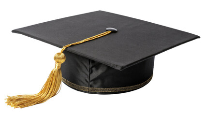 A black graduation cap with a gold tassel, isolated on transparent background