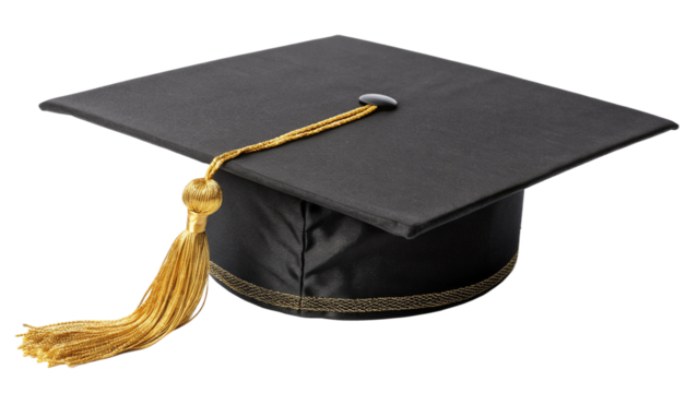 A black graduation cap with a gold tassel, isolated on transparent background