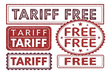 Tariff free and free red rubber stamp style labels isolated on white background
