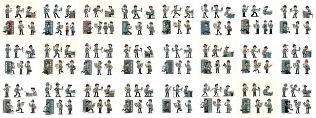 Retro Cartoon Journalist Character Poses Set: Reporter Illustrations Featuring Typing, Interviewing, Rushing from Phone Booths, and Breaking News Reporting.