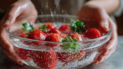 Closeup of hands washing fresh red strawberries in a clear glass bowl with water