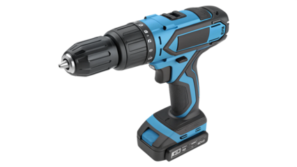 Blue and black cordless power drill isolated on transparent background, a tool for construction and diy projects