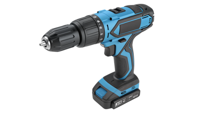 Blue and black cordless power drill isolated on transparent background, a tool for construction and diy projects