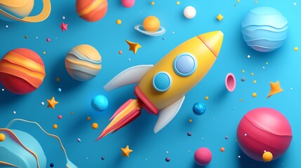 Colorful rocket exploring a vibrant space scene.
