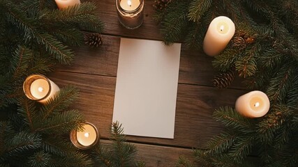 Festive Christmas Aesthetic with Blank Paper and Candles on Wooden Table