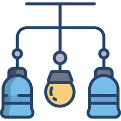 Modern Industrial Chandelier With Three Blue Light Fixtures And One Yellow Light Bulb Hanging From A Dark Blue Ceiling Mount With A Transparent Background Minimalist Design