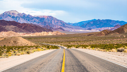 Fototapeta premium Long road through desert, empty street leading into the mountains, two lanes asphalt route