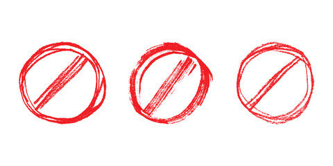 Set of hand drawn prohibition sign No entry symbol Red circle with cross line clipart in doodle style Ban Restriction Forbidden stop Single element for print, web, design