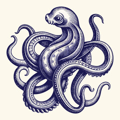 Obraz premium Detailed Engraved Illustration of a Blue Octopus on Cream Background cephalopod marine life