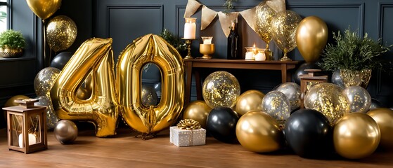 Elegant 40th Birthday Celebration Decor with Gold Balloons and Sparkling Accents
