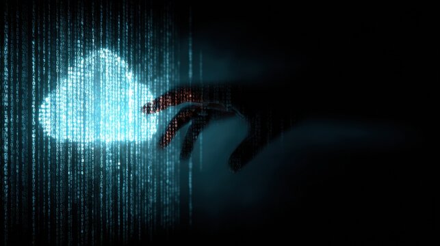 Shadow Hand Stealing Data From a Glowing Cloud in a Minimal Graphic Art Cybersecurity Scene
