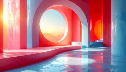 vivid and surreal abstract architecture, featuring bright pink and light blue arches and pillars. Warm sunlight came in through the round window, highlighting the view of the pegw