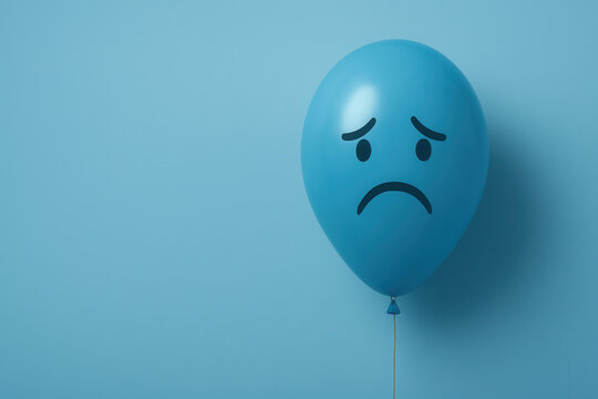 Palloncino blu con faccina triste su sfondo blu. Generative AI