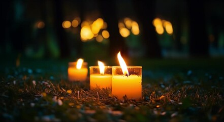 Soft glowing candles create a tranquil and warm ambiance outdoors at night.