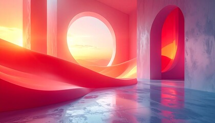 A surreal and futuristic architectural landscape with pink and red geometric arches. Warm sunset or sunrise light shines through the circular, chipped openinght